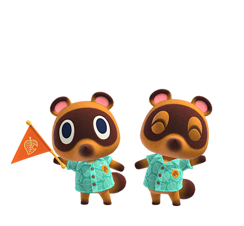 Picture shows Animal Crossing Character Timmy and Tommy happily standing beside one another and waving